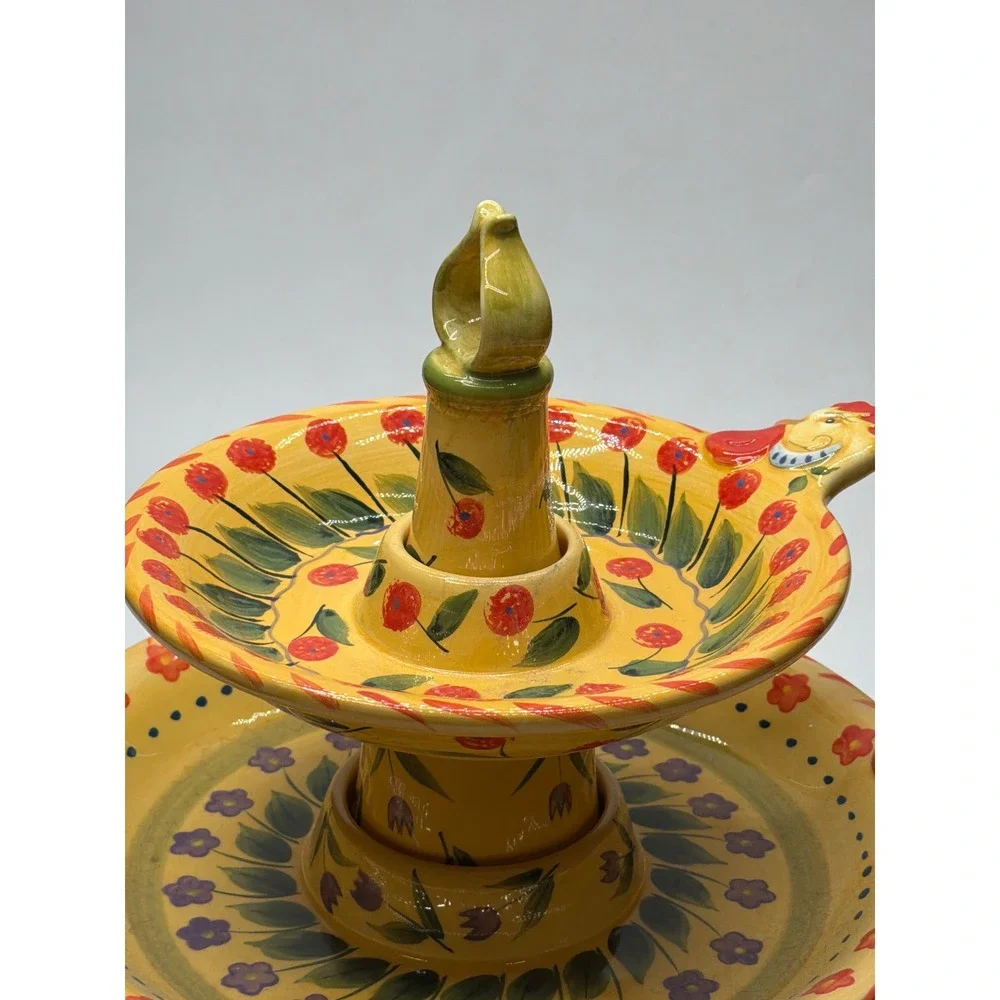Dario Farrucci Design Yellow‎ Floral Rooster 2 Tier Ceramic Serving Stand Tray
